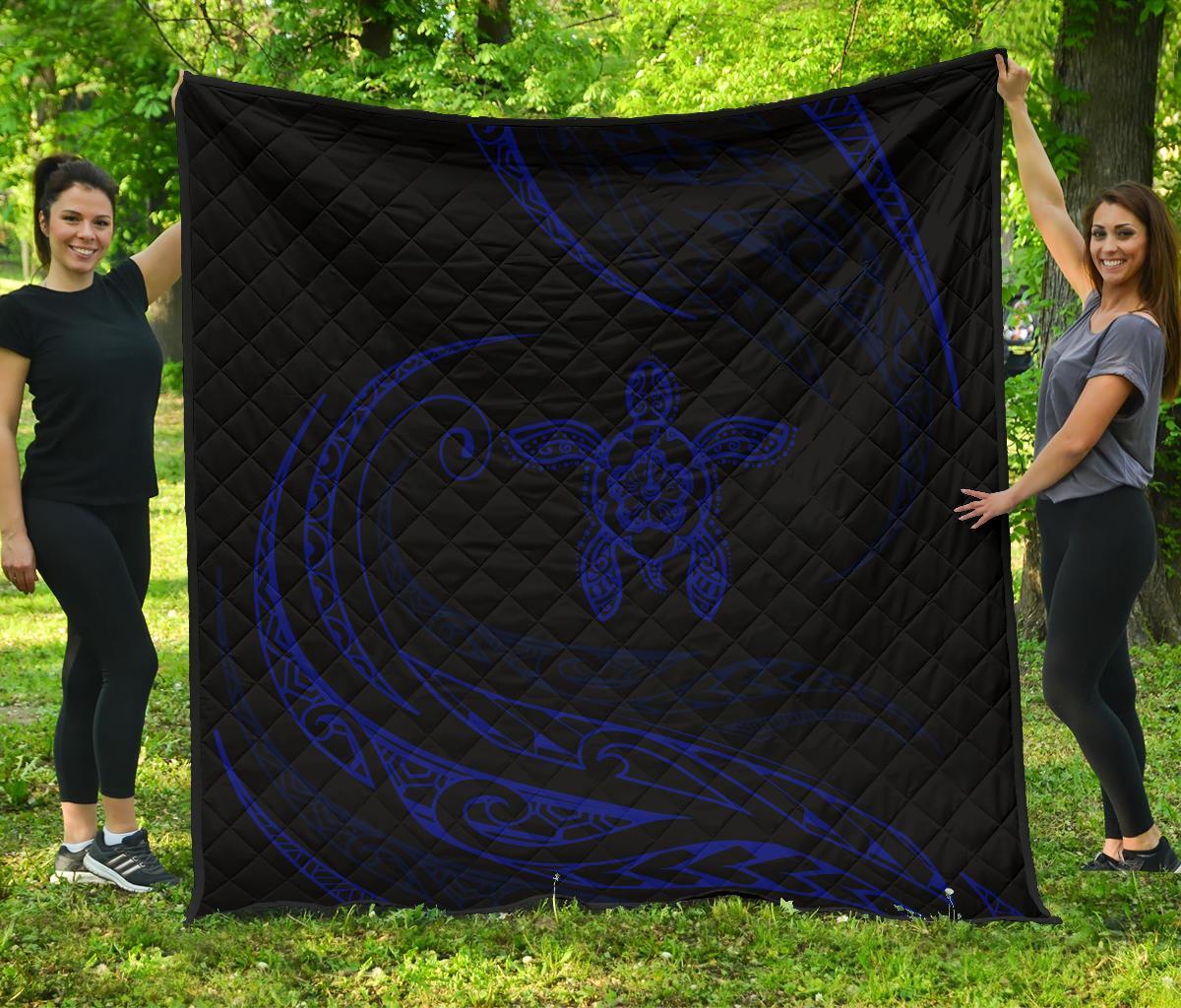 Hawaii Turtle Hibicus Premium Quilt - Frida Style - Blue Blue - Polynesian Pride