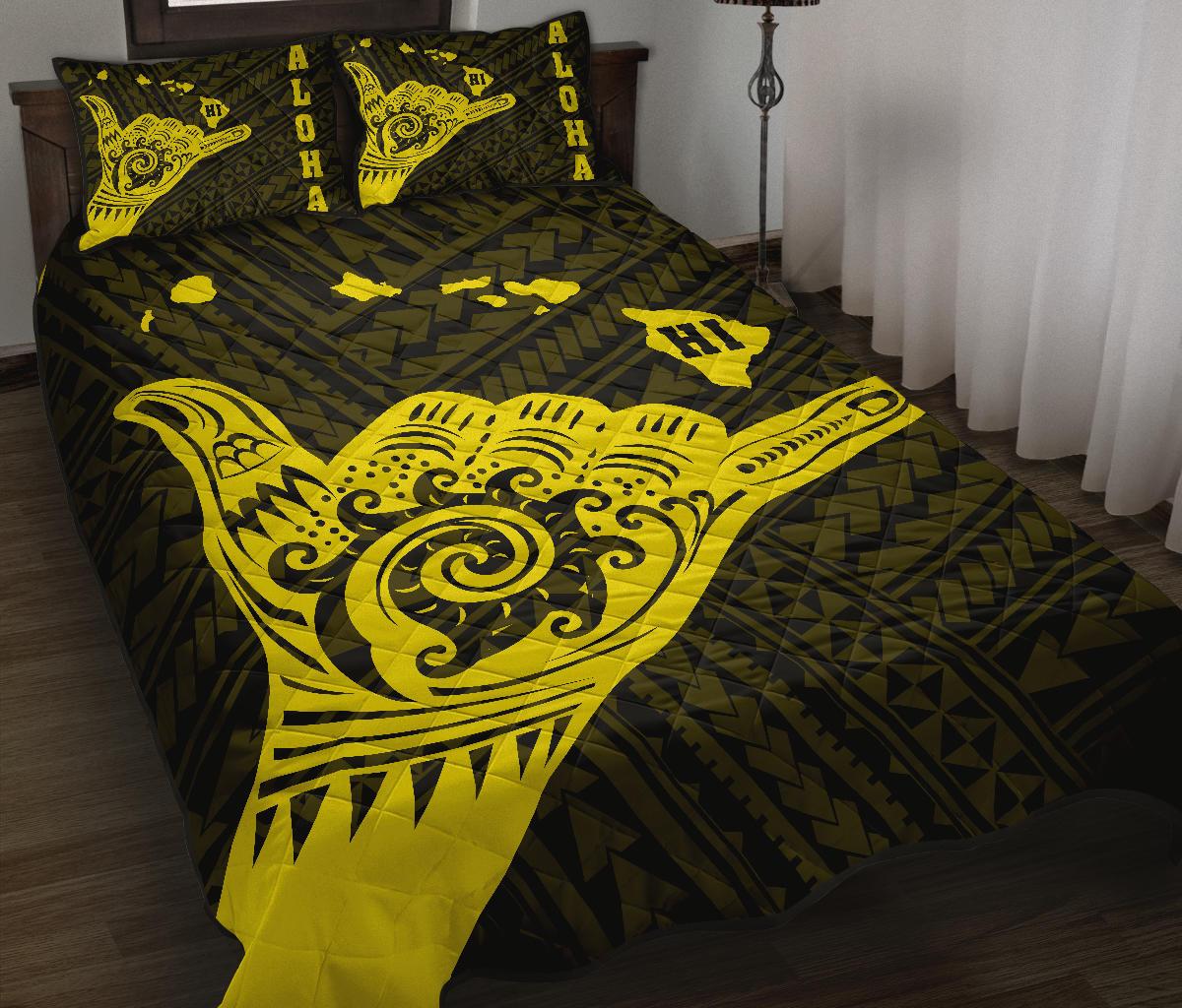 Hawaii Shaka Map Polynesian Quilt Bed Set - Yellow - Polynesian Pride