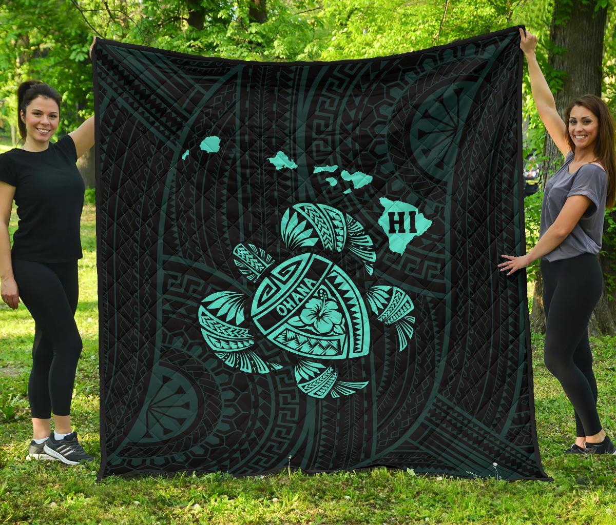 Hawaii Turtle Hibicus Map Premium Quilt - Turquoise Turquoise - Polynesian Pride