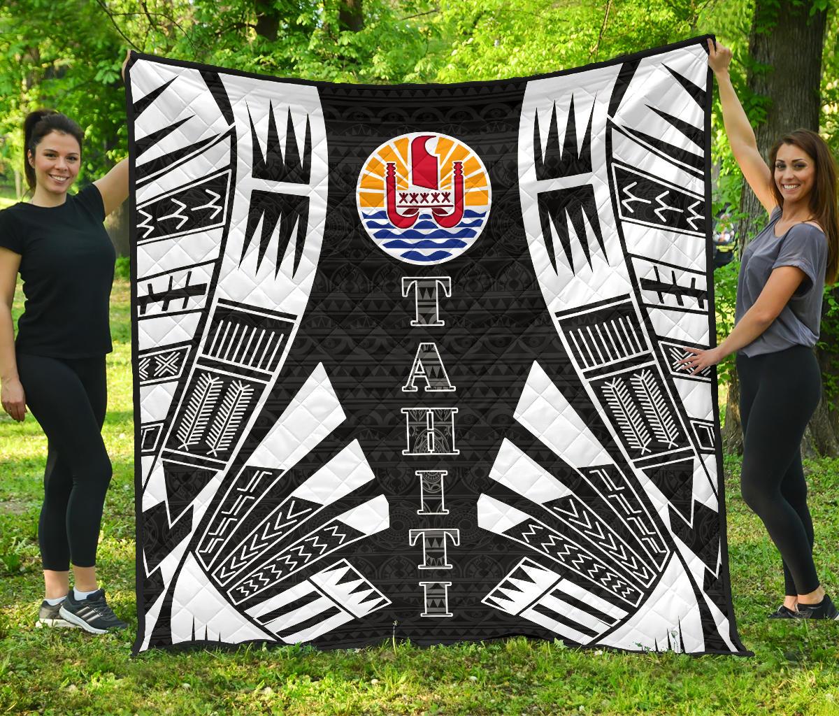 Tahiti Premium Quilt - Tahiti Flag Polynesian White Tattoo (Black) Black - Polynesian Pride