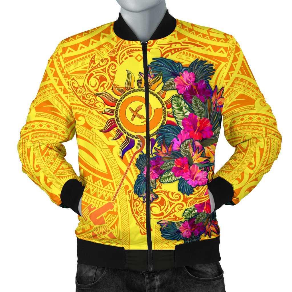 Polynesian Men's Bomber Jackets - Vanuatu Symbols With Hibiscus Yellow - Polynesian Pride