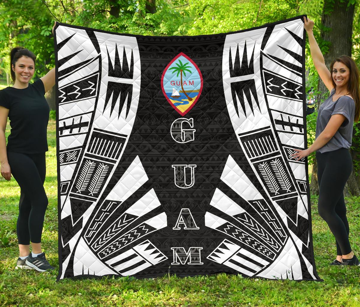 Guam Premium Quilt - Guam Coat Of Arms Polynesian White Tattoo Black - Polynesian Pride