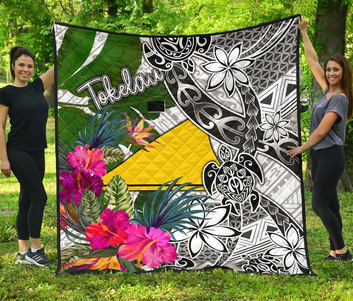 Tokelau Premium Quilt White - Turtle Plumeria Banana Leaf - Polynesian Pride