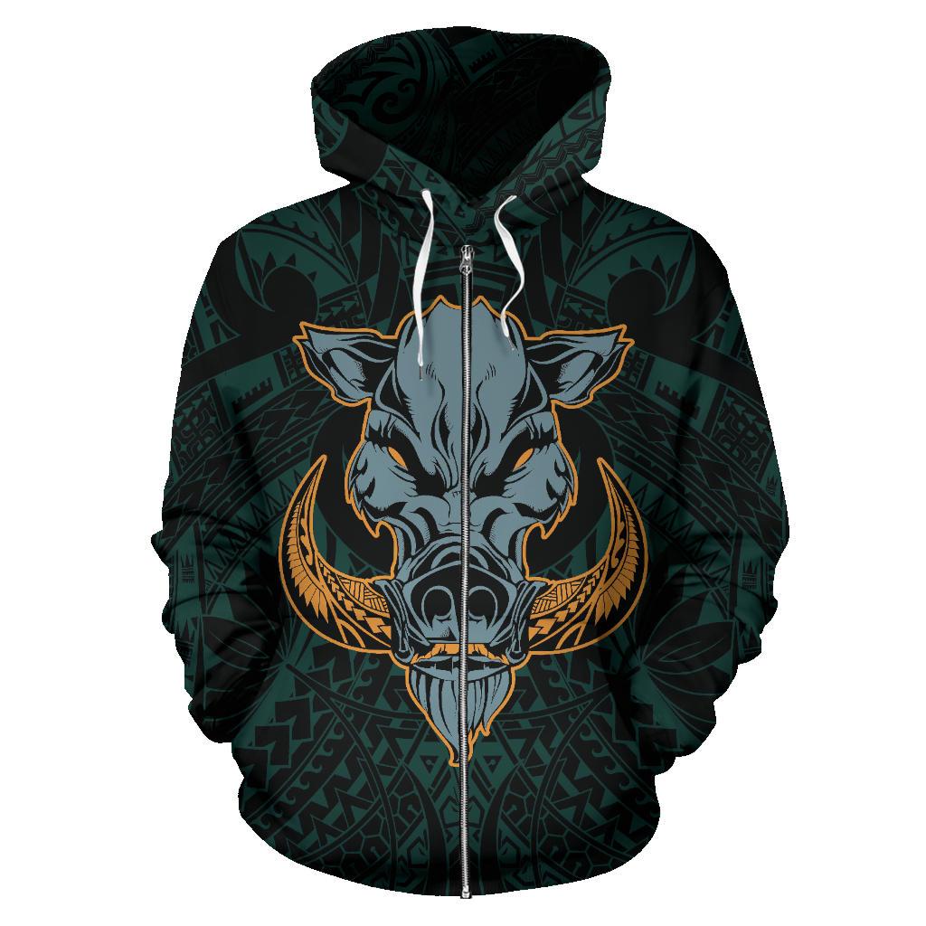Polynesian Kamapuaa Flag of Hawaii Zip Hoodie Turquoise Hawaiian Mythology Style - Polynesian Pride