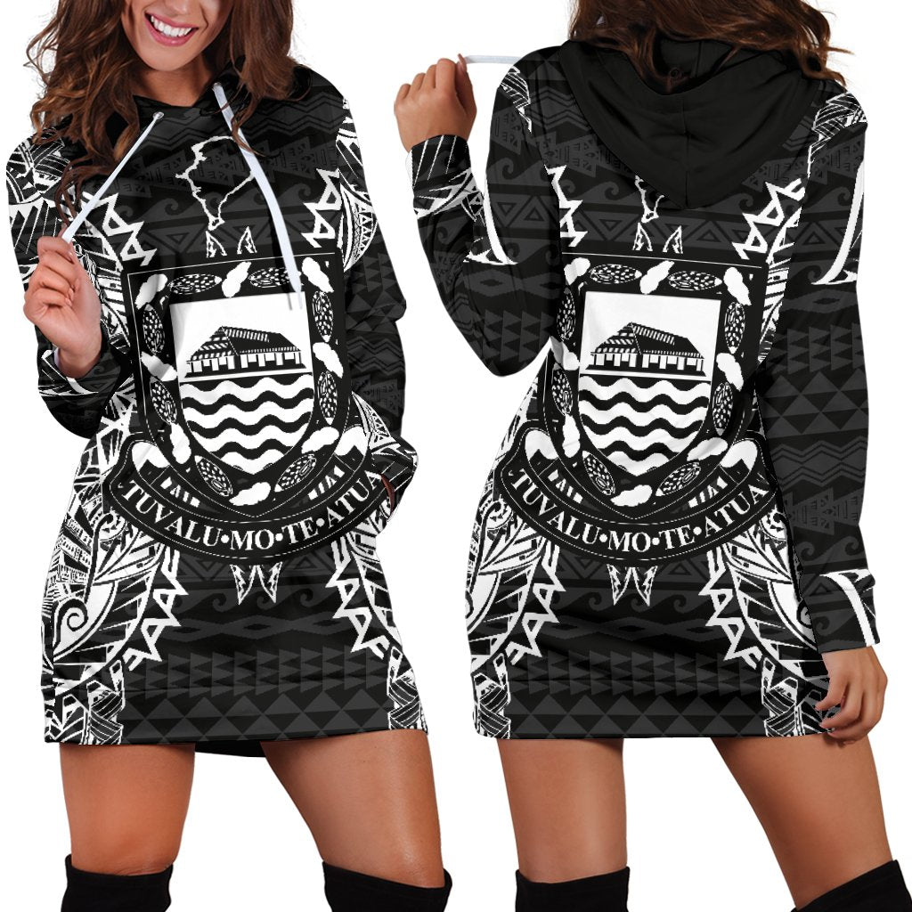 Tuvalu Polynesian Hoodie Dress Map Black Black - Polynesian Pride