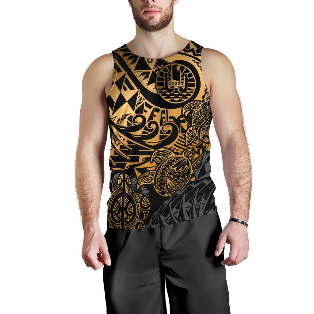 Tahiti Polynesian Men Tank Top - Gold Turtle Hibiscus Flowing - Polynesian Pride