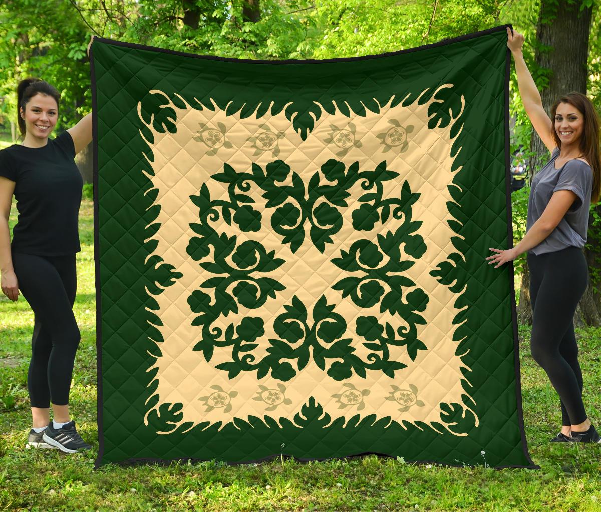 Hawaii Premium Quilt - Hawaiian Quilt Plumeria Medallion Green Premium Quilt - AH Green - Polynesian Pride