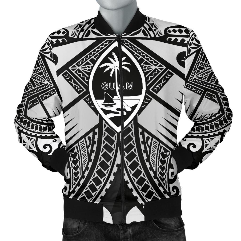 Guam Polynesian Men's Bomber Jacket - Guam White Seal with Polynesian Tattoo Ver 01 White - Polynesian Pride