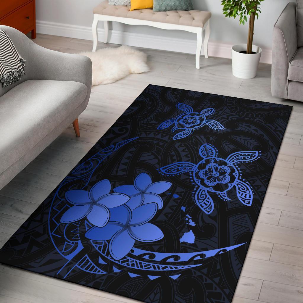 Hawaii Polynesian Turtle Plumeria Rug - Pog Style Blue Blue - Polynesian Pride