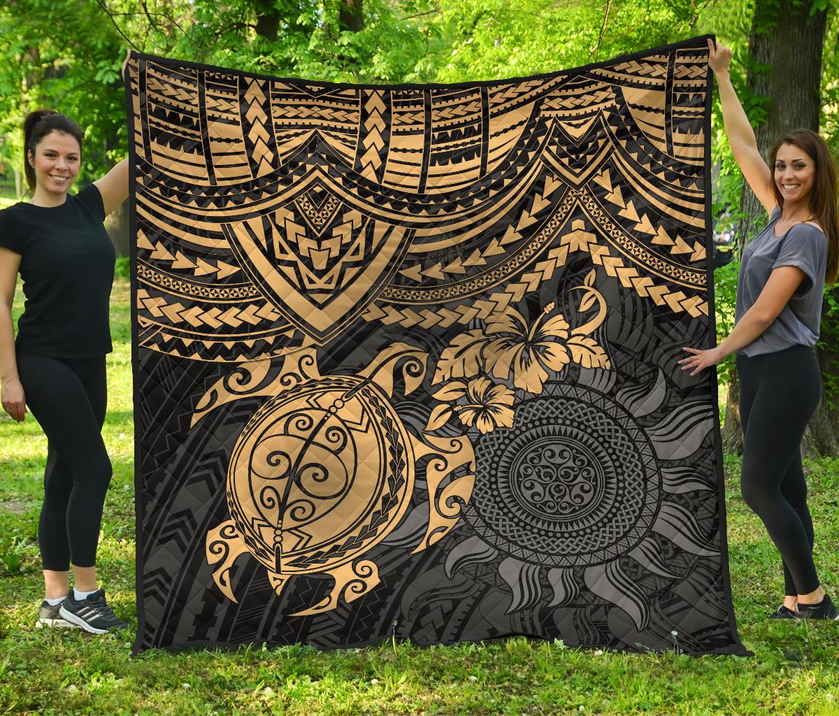 Polynesian Premium Quilt - Polynesian Golden Turtle Hibiscus Golden - Polynesian Pride