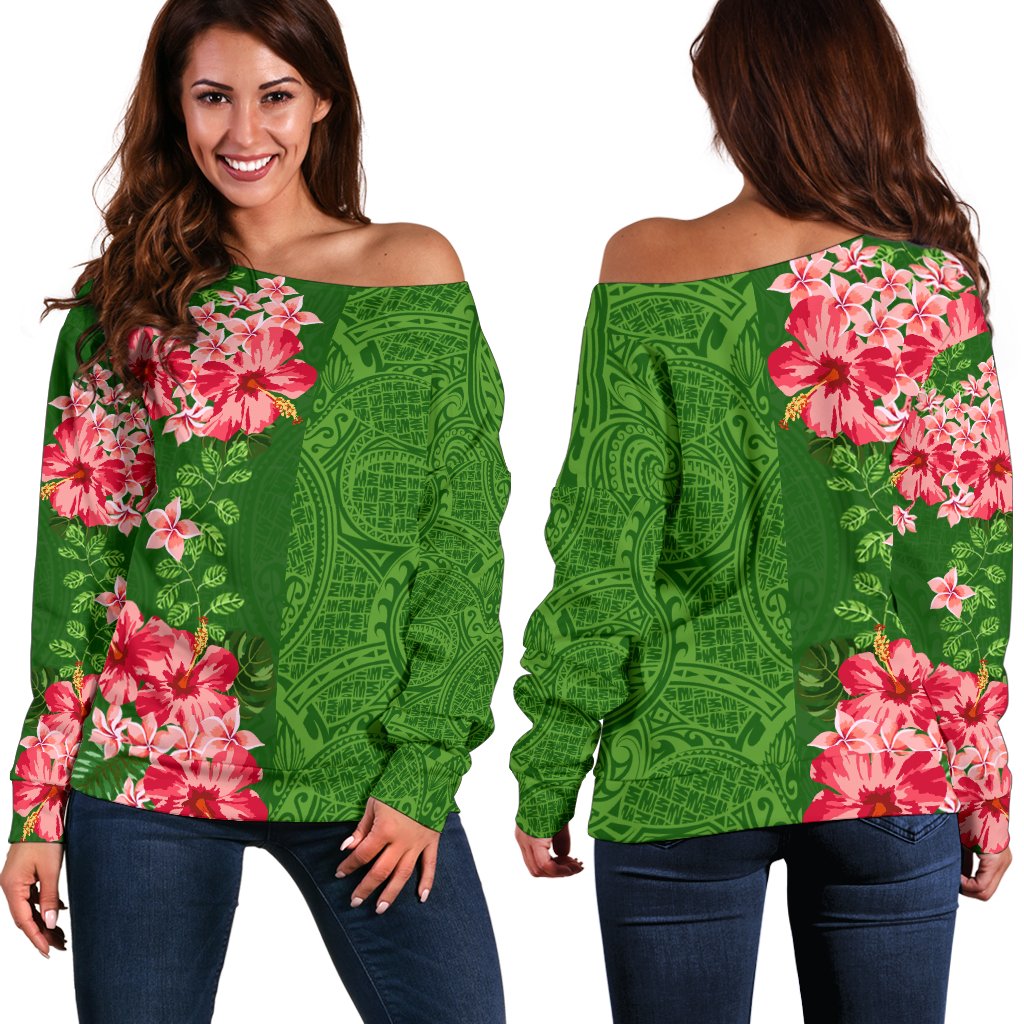 Tropical Polynesian - Hawaiian Women's Off Shoulder Sweater - Curtis Style Green - Polynesian Pride
