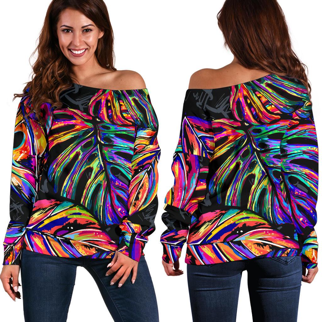 Palm Leaves Women's Off Shoulder Sweater - Neon Color Neon - Polynesian Pride