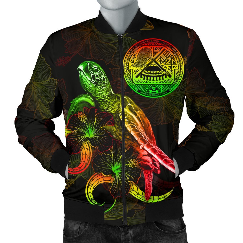 American Samoa Polynesian Men's Bomber Jacket - Turtle With Blooming Hibiscus Reggae Reggae - Polynesian Pride