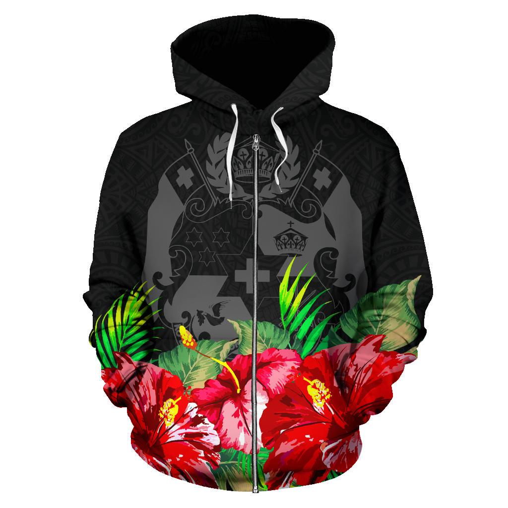 Tonga Polynesian Zip Hoodie Black Hibiscus - Polynesian Pride