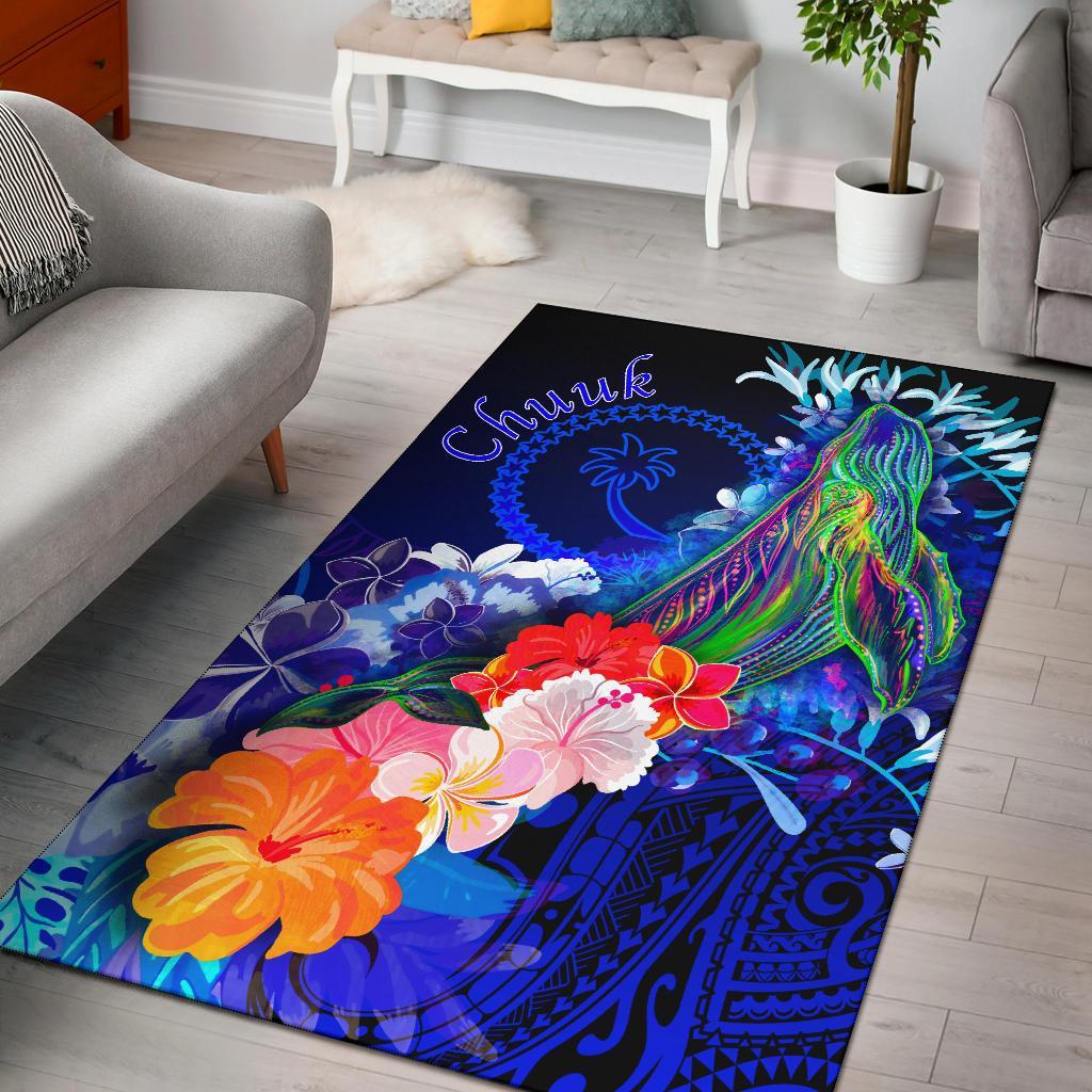 Chuuk Area Rug - Humpback Whale with Tropical Flowers (Blue) Blue - Polynesian Pride