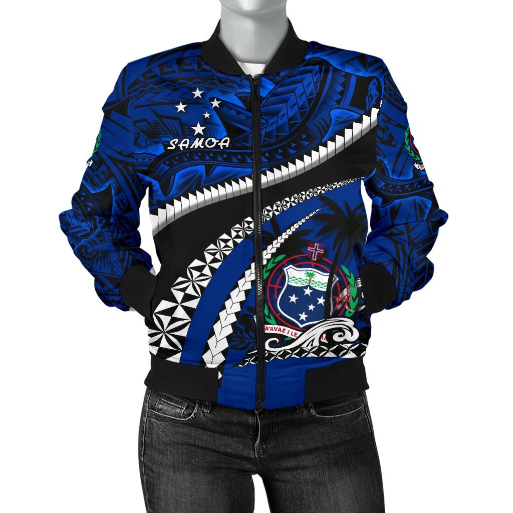 Samoa Women Bomber Jacket Polynesian Shark Tattoo Blue - Polynesian Pride