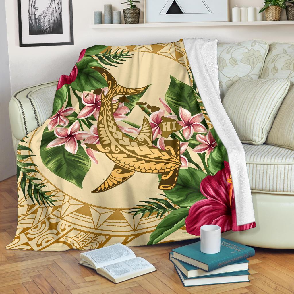 Hawaii Premium Blanket - Hammerhead Shark Premium Blanket Strong Pattern Hibiscus Plumeria AH White - Polynesian Pride