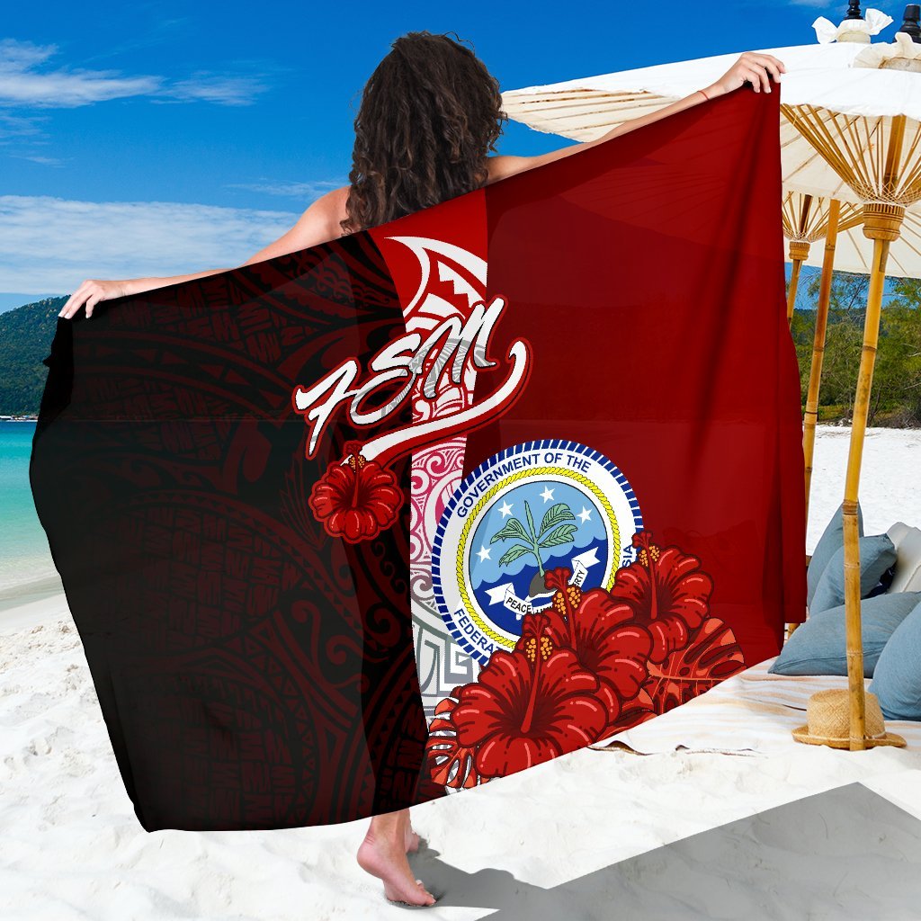 Federated States Of Micronesia Sarong - Coat Of Arm With Hibiscus One Style One Size Red - Polynesian Pride