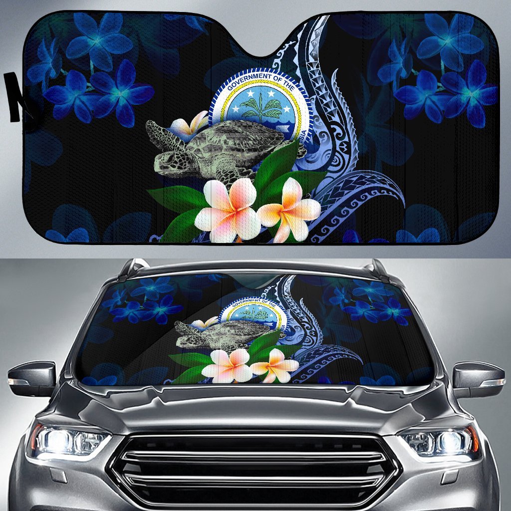 Polynesian Federated States of Micronesia Sun Shades - Turtle With Plumeria Flowers Auto Sun Shade Universal Fit Blue - Polynesian Pride