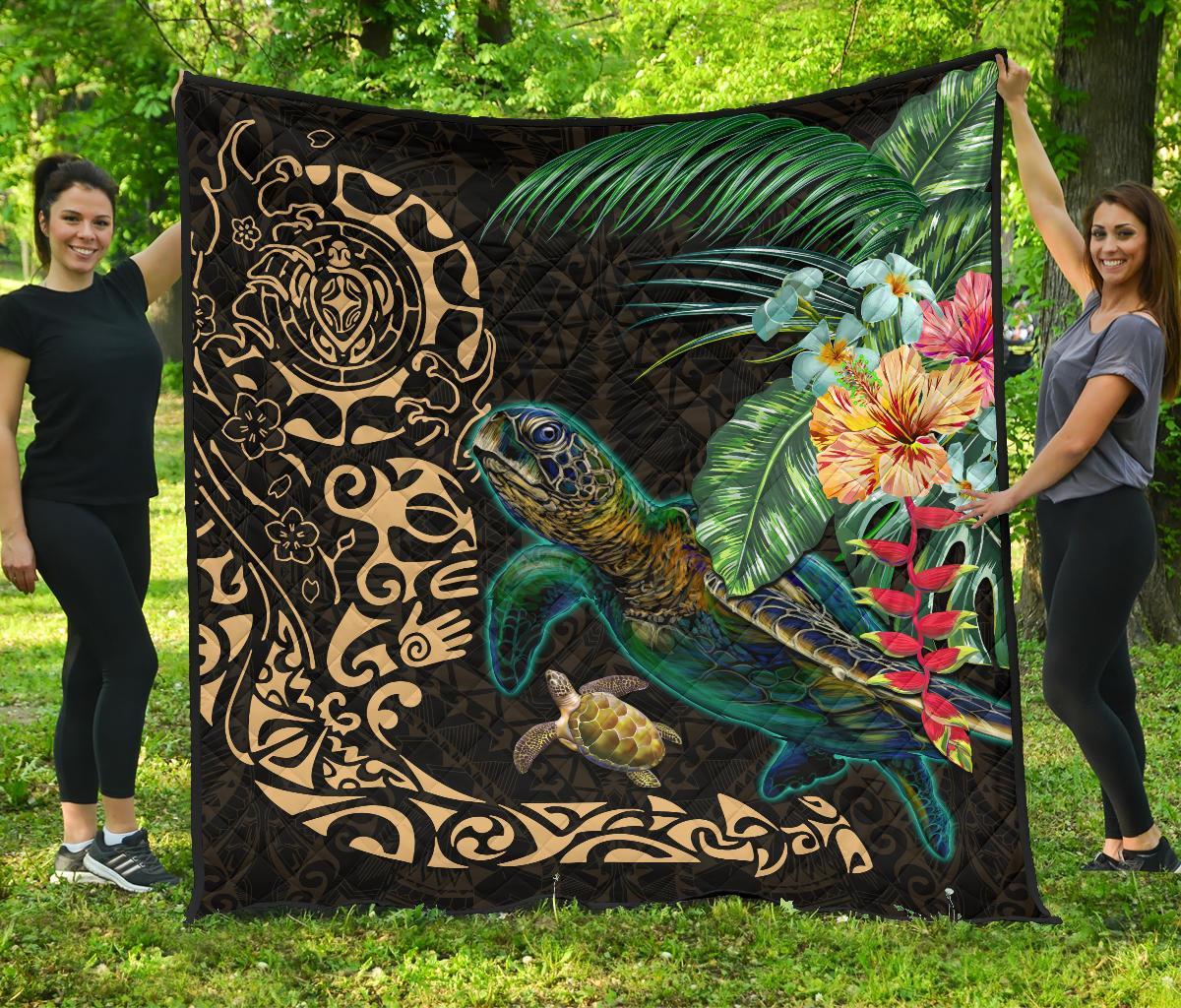 Tiki Polynesian Premium Quilt Turtle Hibiscus - Gold Gold - Polynesian Pride