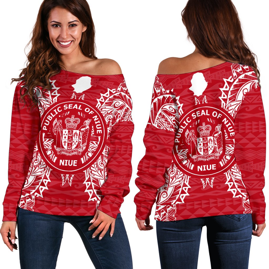 Niue Polynesian Shoulder Sweater Map Red White Red - Polynesian Pride