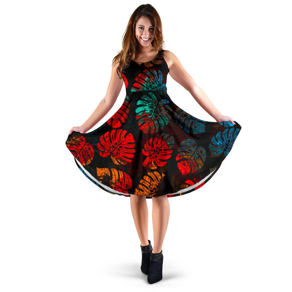 Polynesian Midi Dress - Blue Red Monstera Leave Women Blue - Red - Polynesian Pride