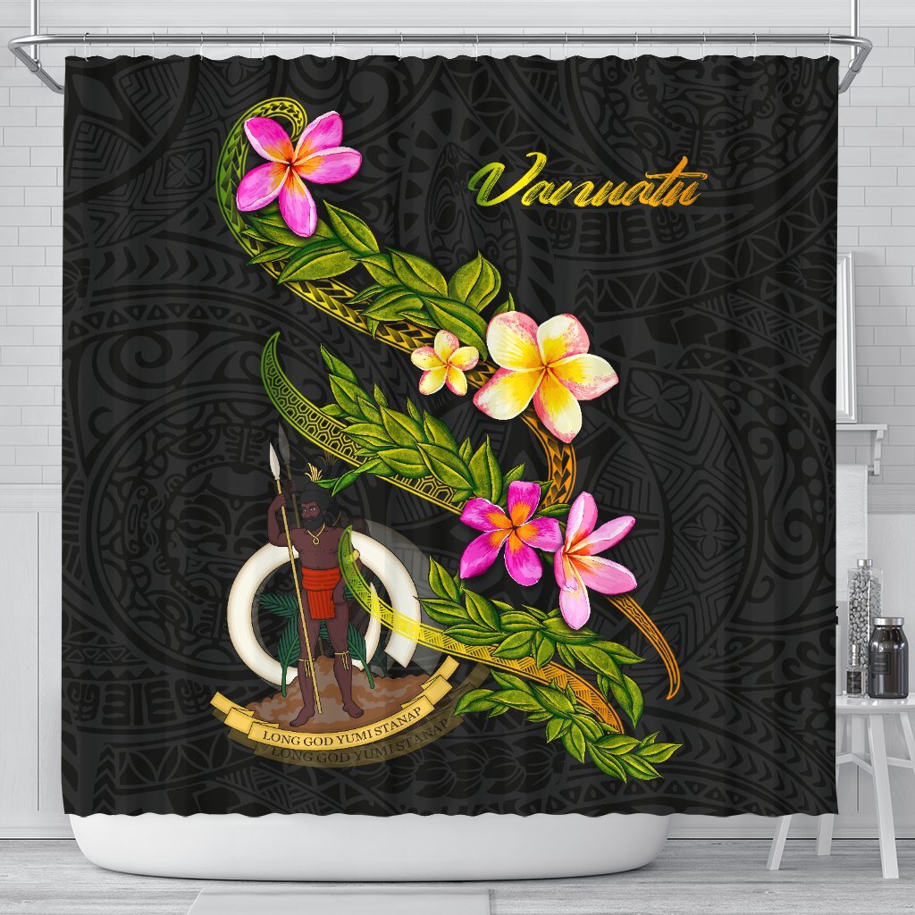 Vanuatu Polynesian Shower Curtain - Plumeria Tribal 177 x 172 (cm) Black - Polynesian Pride