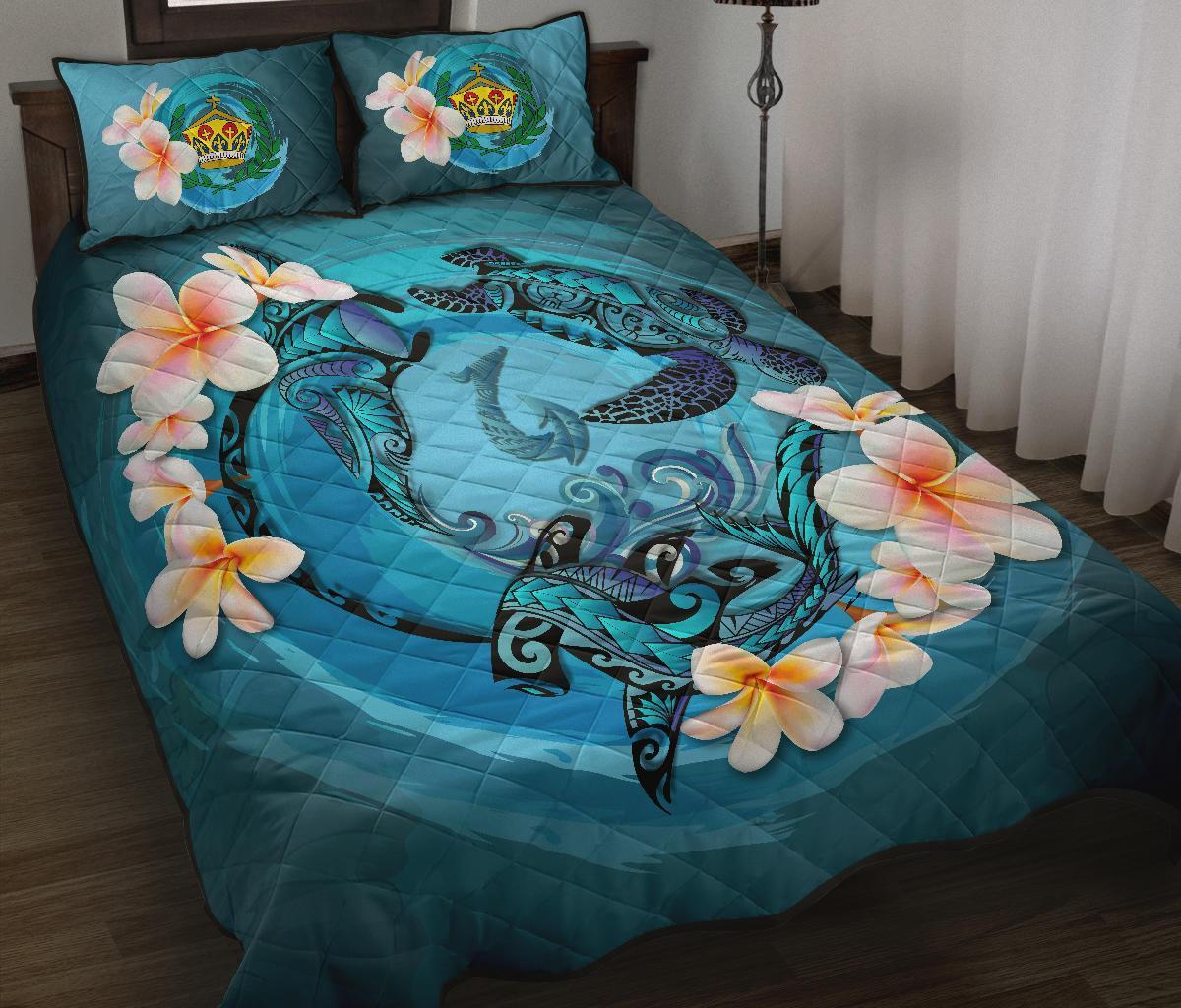 Tonga Polynesian Quilt Bed Set - Blue Plumeria Animal Tattoo Blue - Polynesian Pride