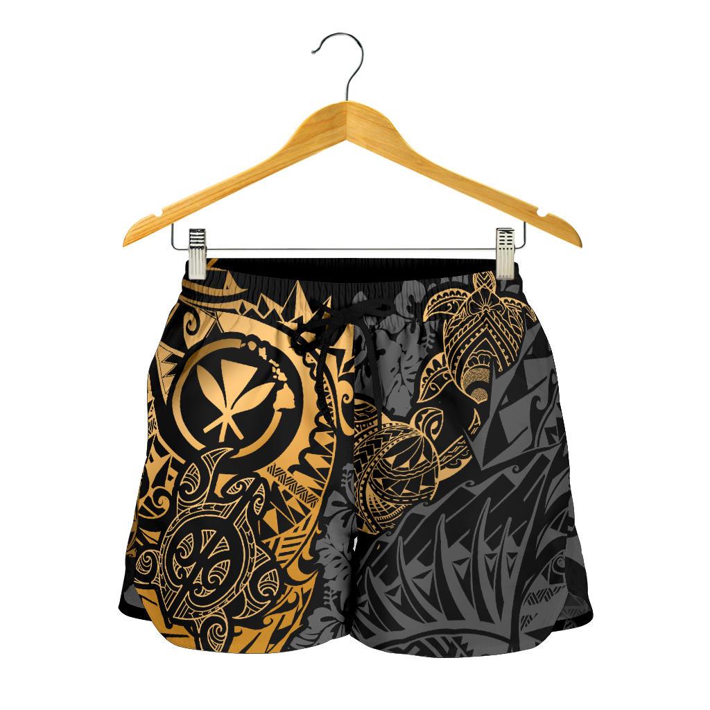 Polynesian Hawaii (Kanaka Maoli) Women's Short - Gold Turtle Hibiscus Flowing - Polynesian Pride