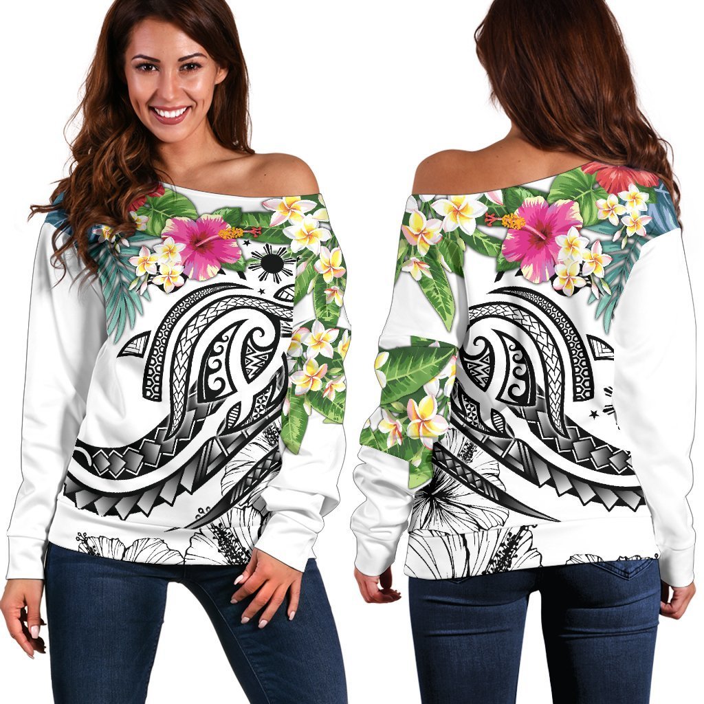 The Philippines Women's Off Shoulder Sweater - Summer Plumeria (White) White - Polynesian Pride