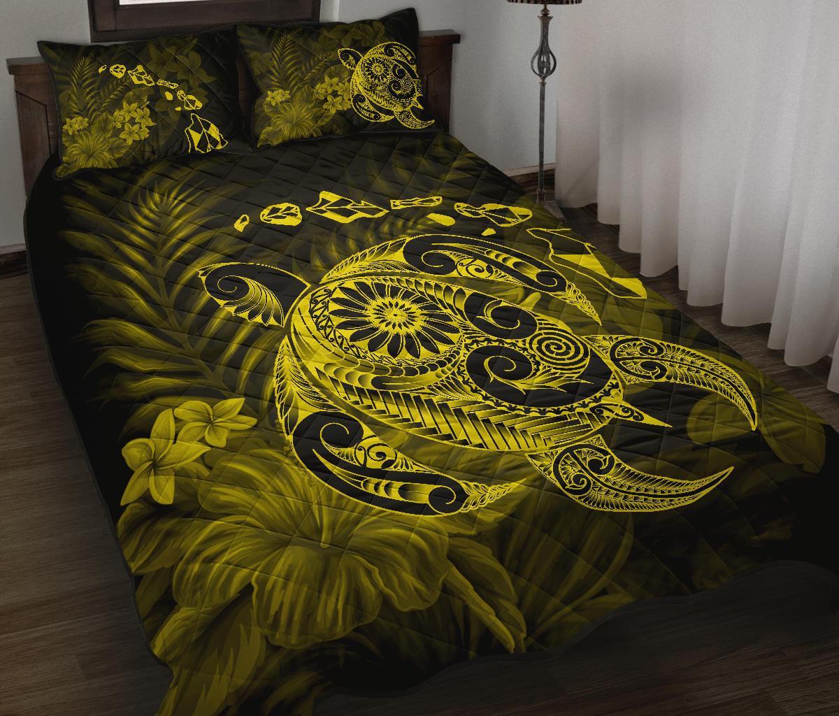Hawaii Turtle Map Hibiscus Polynesian Yellow Quilt Bed Set - Polynesian Pride