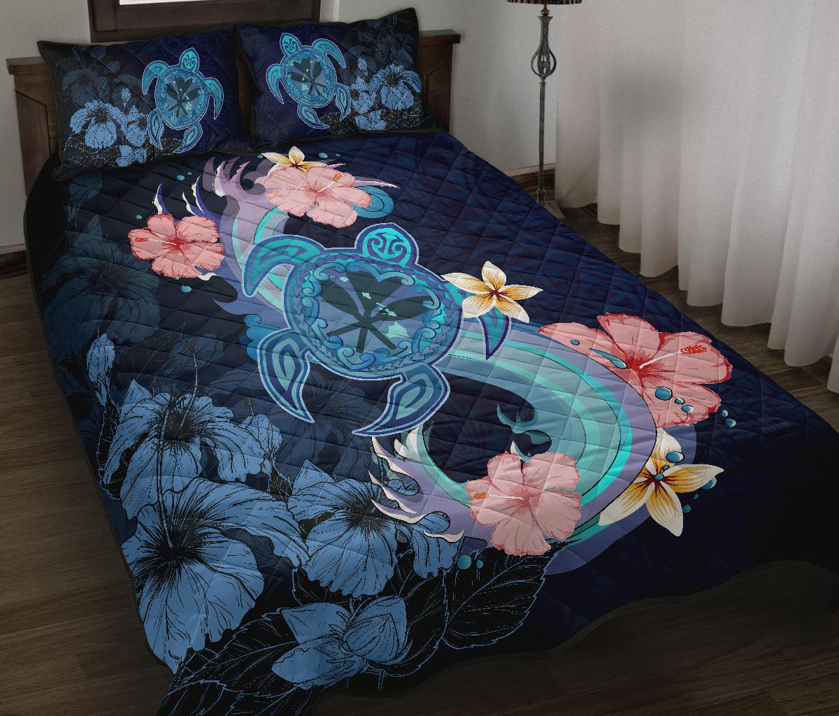 Kanaka Maoli (Hawaiian) Quilt Bed Set - Blue Turtle Hibiscus - Polynesian Pride