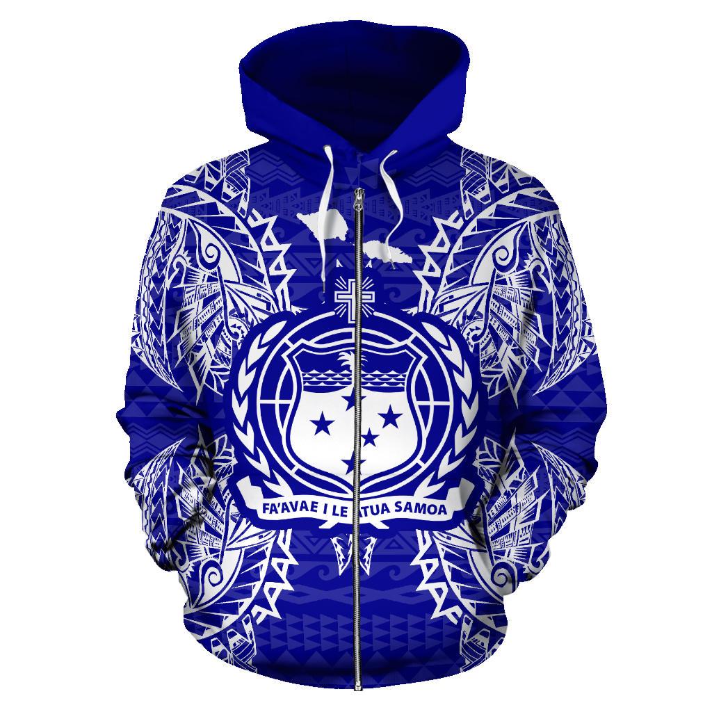 Samoa Polynesian All Over Zip up Hoodie Map Blue - Polynesian Pride