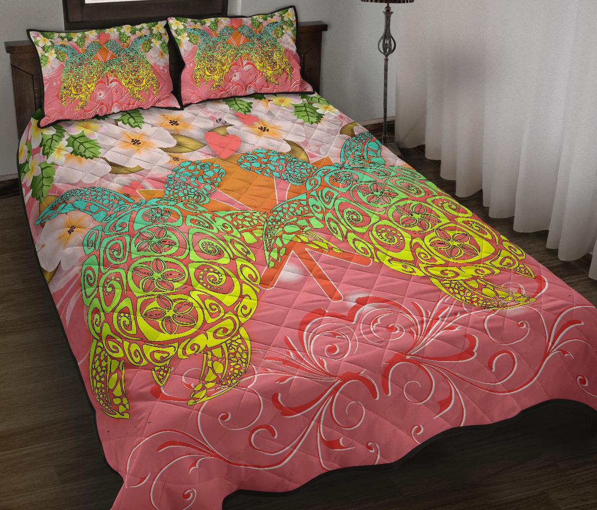 Hawaii Turtle Couple Plumeria Valentine Pattern Quilt Bed Set - Bond Style - AH - Polynesian Pride