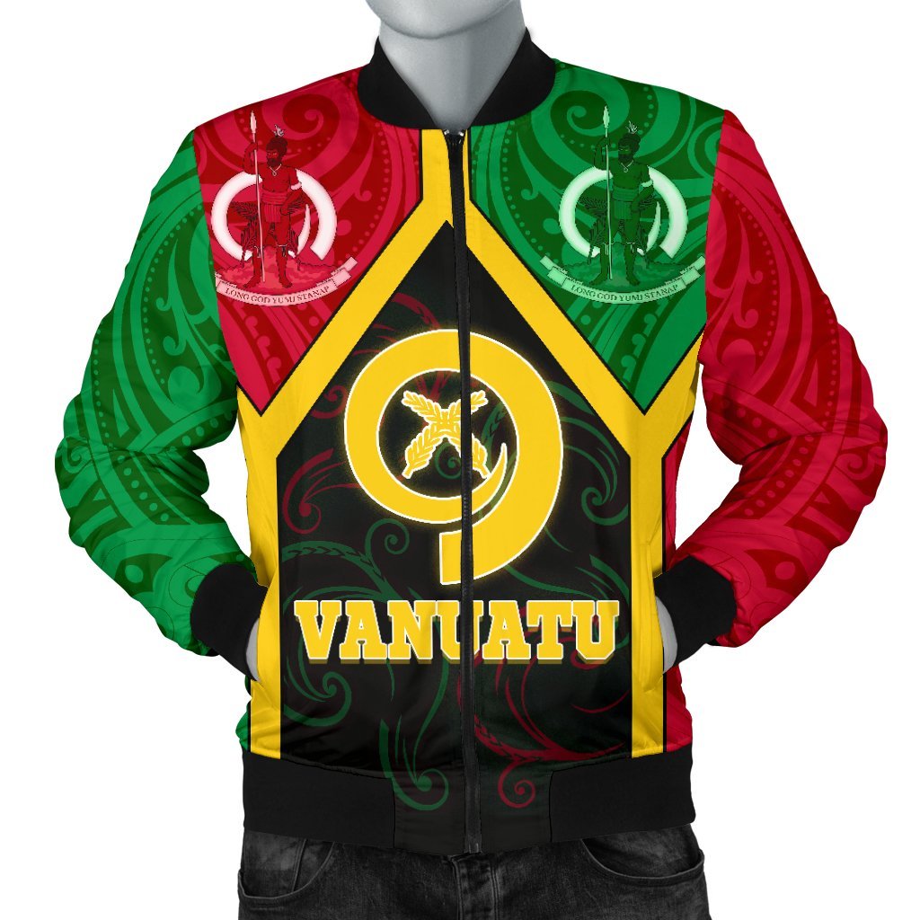 Vanuatu Polynesian Men's Bomber Jacket - Vanuatu Flag and Coat Of Arms Black - Polynesian Pride