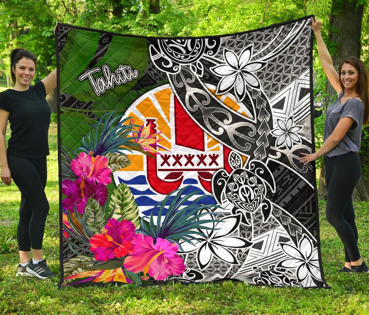Tahiti Premium Quilt - Turtle Plumeria Banana Leaf Black - Polynesian Pride