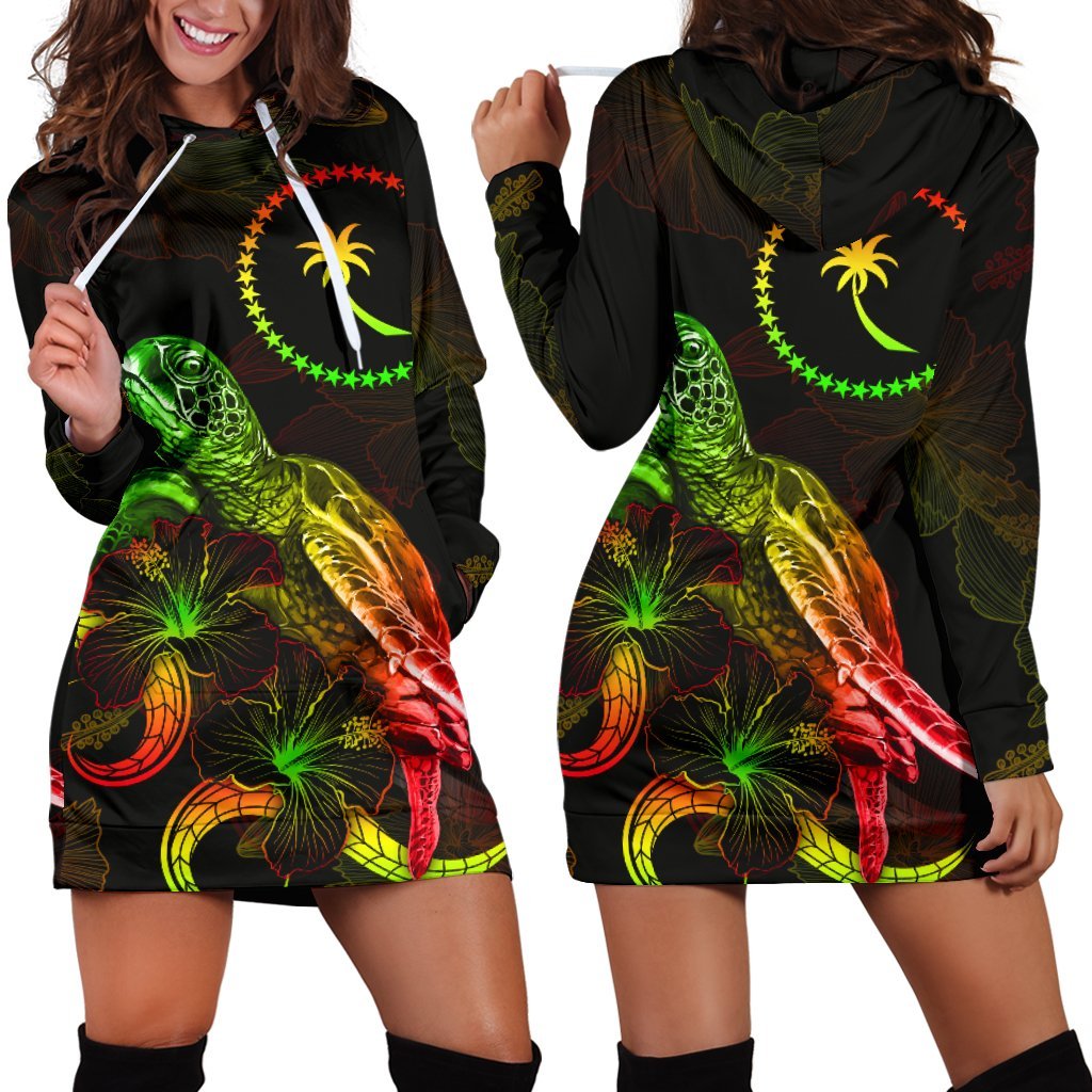 Chuuk Polynesian Hoodie Dress - Turtle With Blooming Hibiscus Reggae Reggae - Polynesian Pride