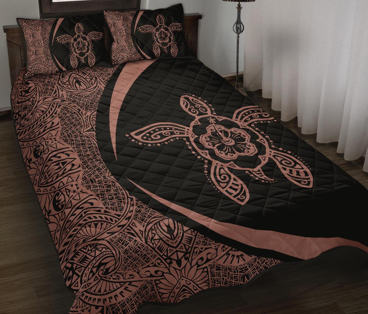 Hawaiian Polynesian Turtle Quilt Bed Set - Circle Style Pink And Black - Polynesian Pride