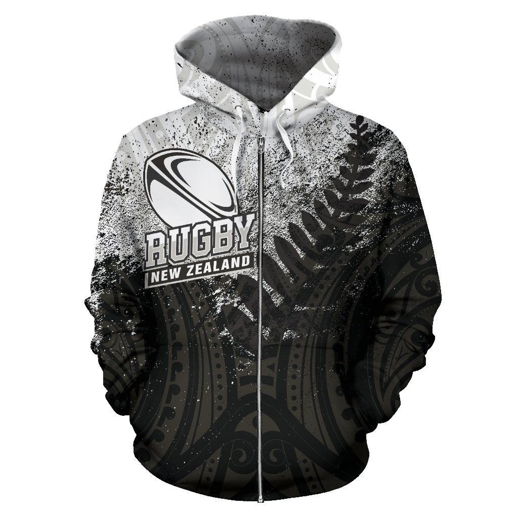 New Zealand Rugby Zip up Hoodie Maori Rugby Style Unisex BLACK - Polynesian Pride