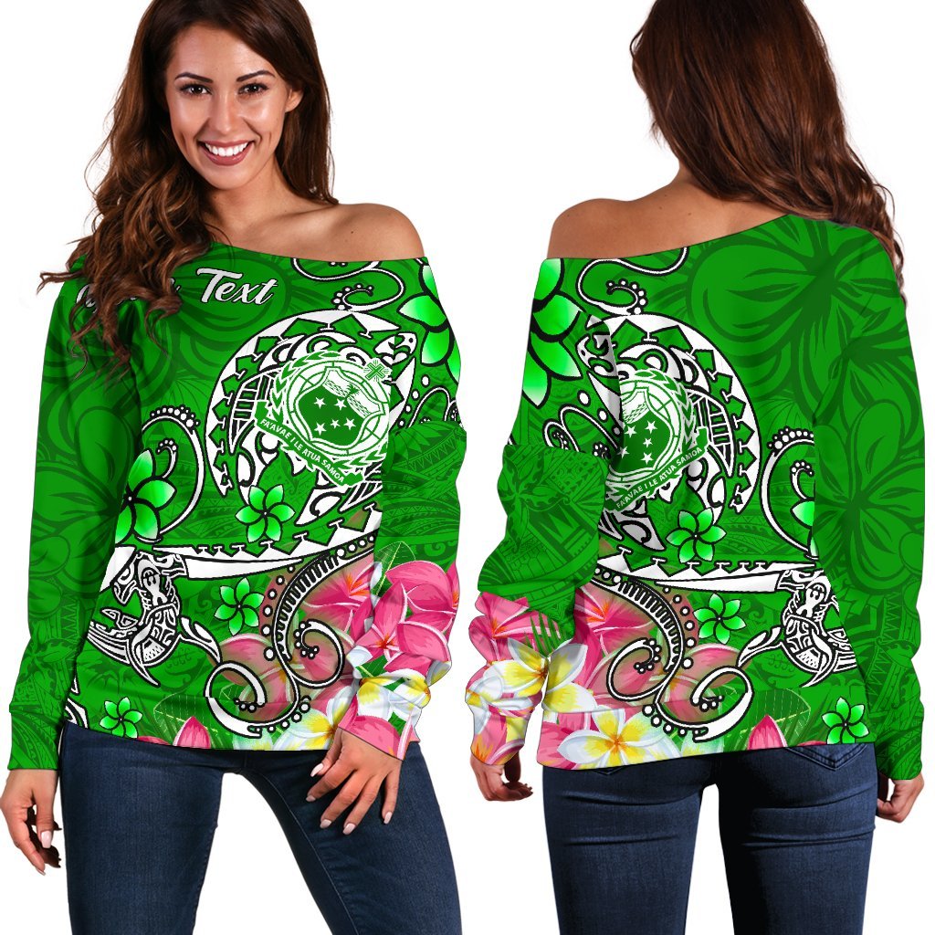 Samoa Custom Personalised Women's Off Shoulder Sweater - Turtle Plumeria (Green) Green - Polynesian Pride