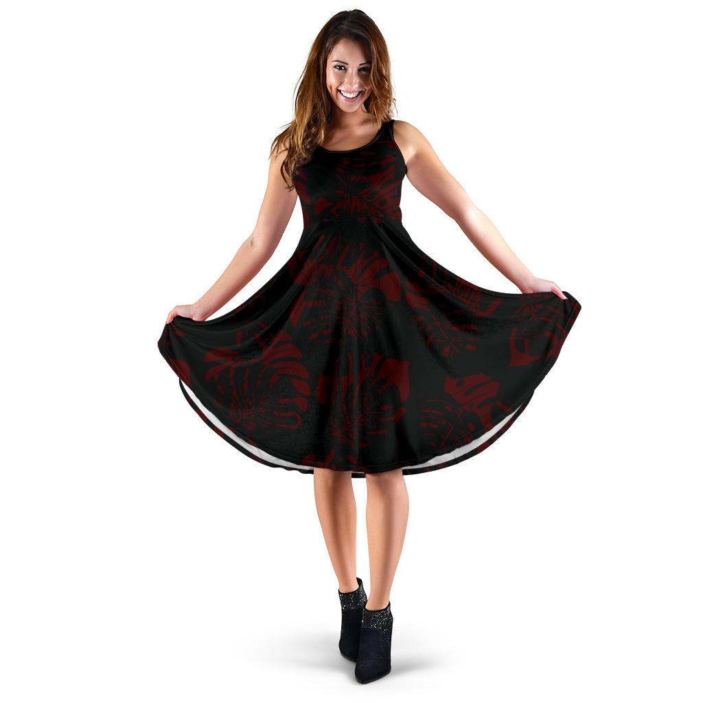 Polynesian Midi Dress - Red Monstera Leave Women Red - Polynesian Pride