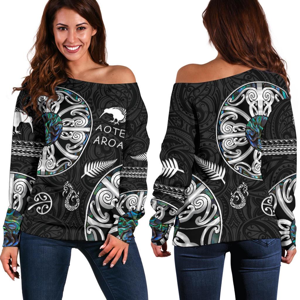 New Zealand Aotearoa Women Off Shoulder Sweater, Maori Mangopare Paua Shell Black - Polynesian Pride