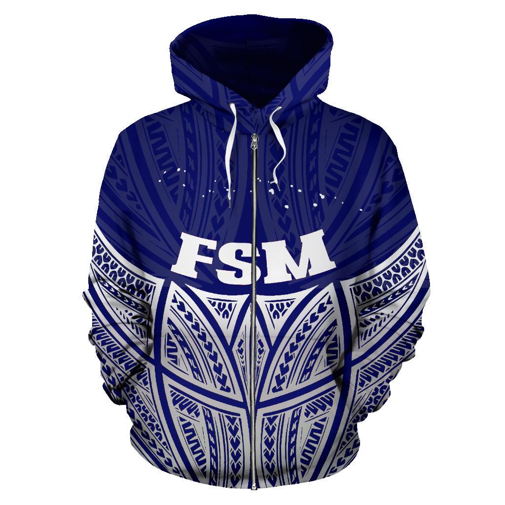 Federated States of Micronesia Polynesian Zip up Hoodie Blue Pride Map and Seal - Polynesian Pride
