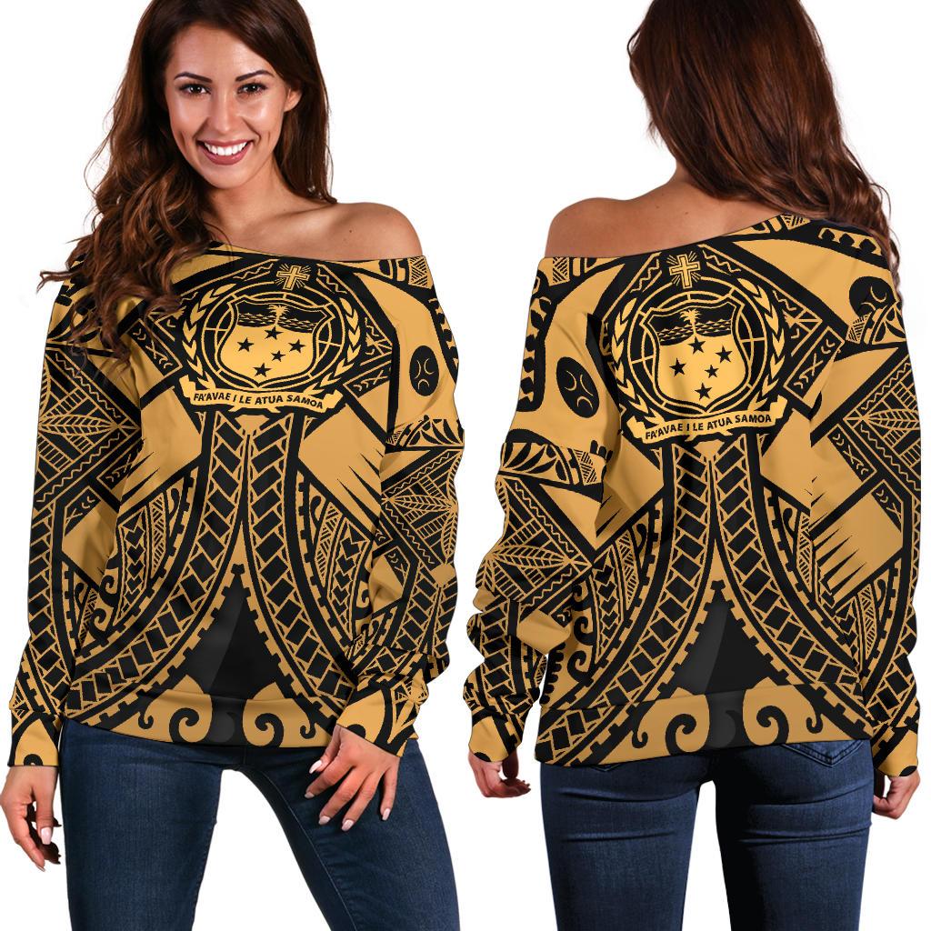 Samoa Polynesian Women's Off Shoulder Sweater - Samoa Gold Seal with Polynesian Tattoo Gold - Polynesian Pride