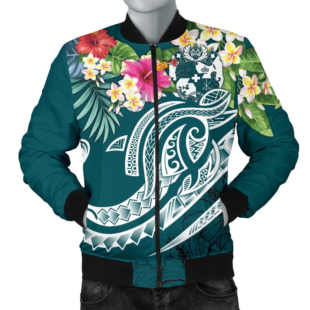 Tonga Polynesian Men's Bomber Jacket - Summer Plumeria (Turquoise) Turquoise - Polynesian Pride