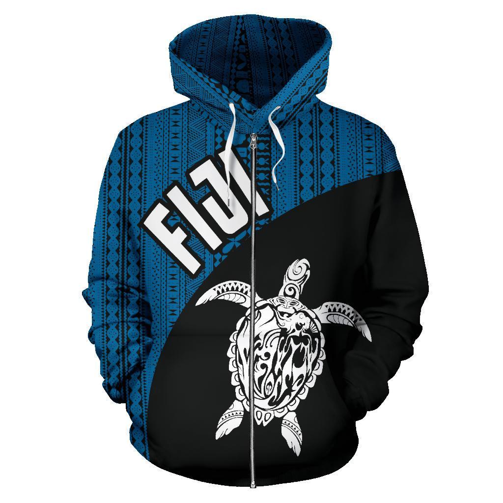 Fiji Tapa Zip up Hoodie Fiji Turtle Mermaid Blue Dark - Polynesian Pride