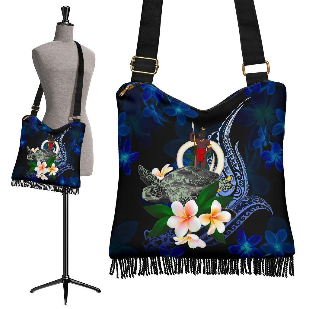 Vanuatu Polynesian Boho Handbag - Turtle With Plumeria Flowers One Style One Size Blue - Polynesian Pride