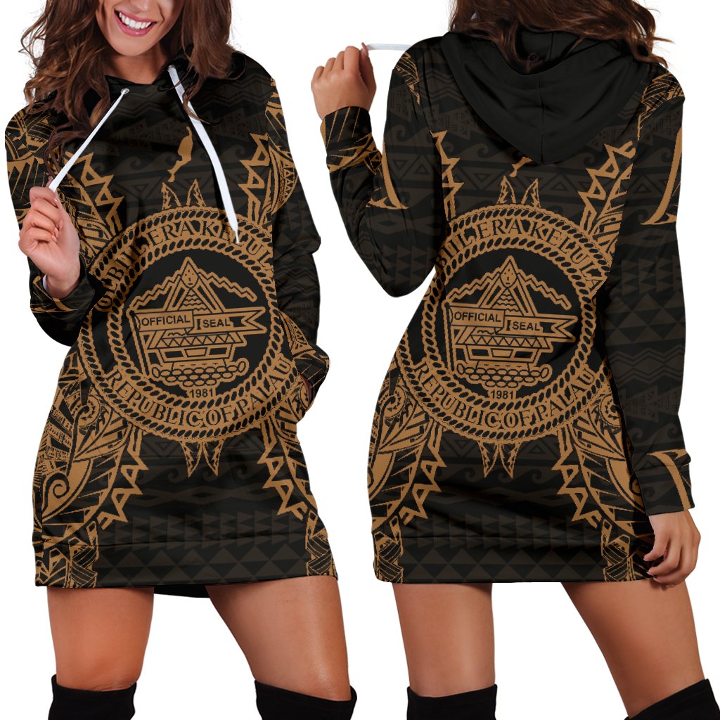 Palau Polynesian Hoodie Dress Map Gold Gold - Polynesian Pride