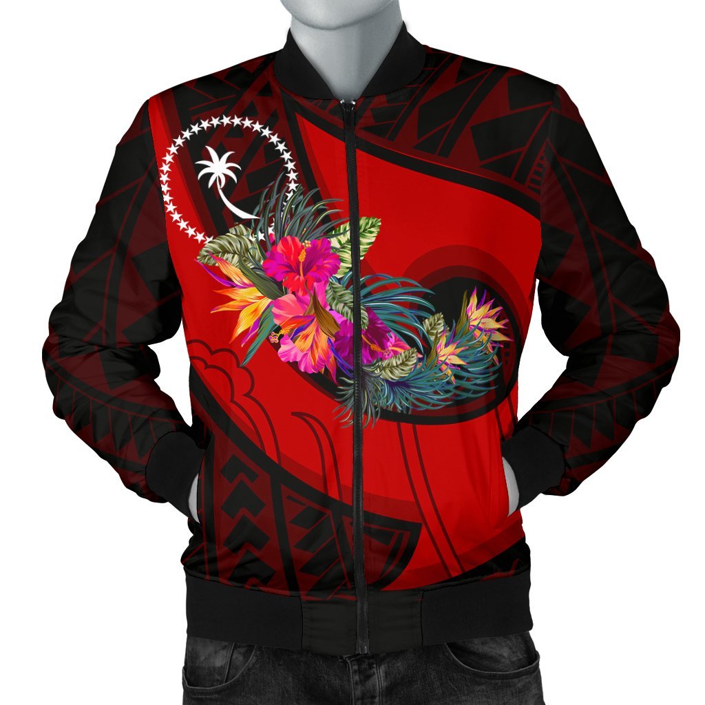 Chuuk Men's Bomber Jacket - Polynesian Hook And Hibiscus (Red) Red - Polynesian Pride