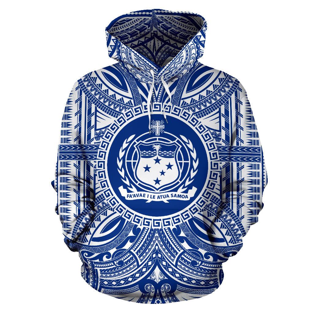 Samoa ll Over Hoodie Samoa Coat of rms Polynesian Flag Color Unisex Blue - Polynesian Pride
